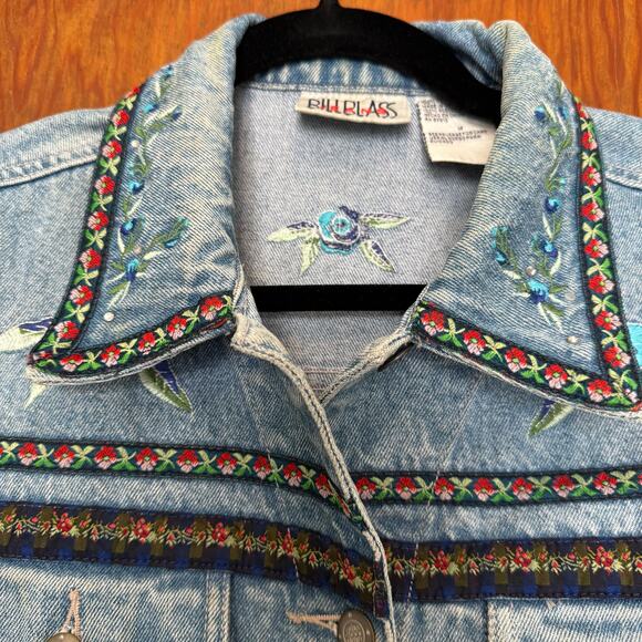 Vintage 90s Bill Blass Embroidered Floral Rhinestone Denim Vest M Cottage Garden - Picture 13 of 13